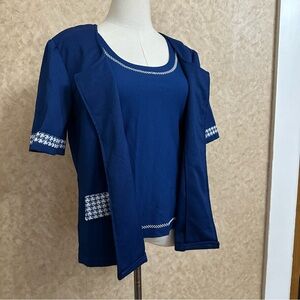 VTG 70s 80s Navy Houndstooth Trim Open Front Short Sleeve Cardigan & Top Set